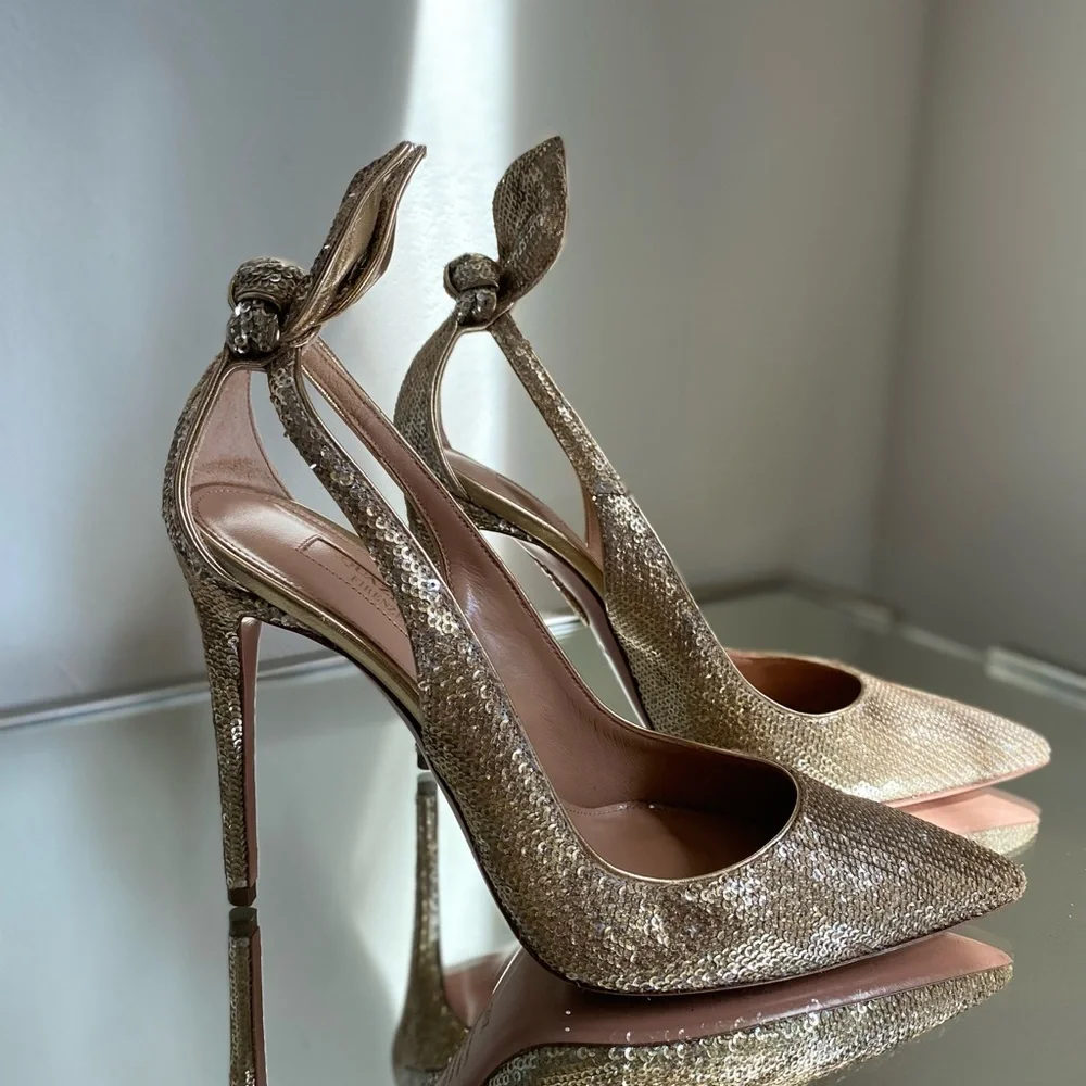 EUC Aquazzura Deneuve Bow Tie Sequin 105 pump 38.5 - Picture 6 of 10